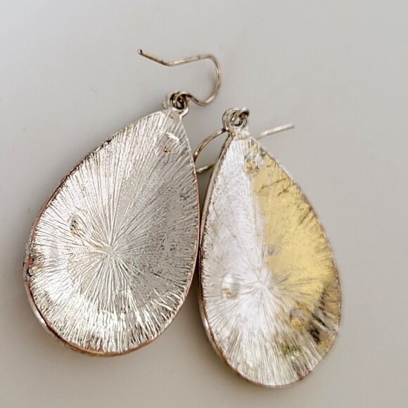 Teardrop Dangle Silver Tone Ivory Enamel Rhinestone Earrings 1.75" - Picture 5 of 5